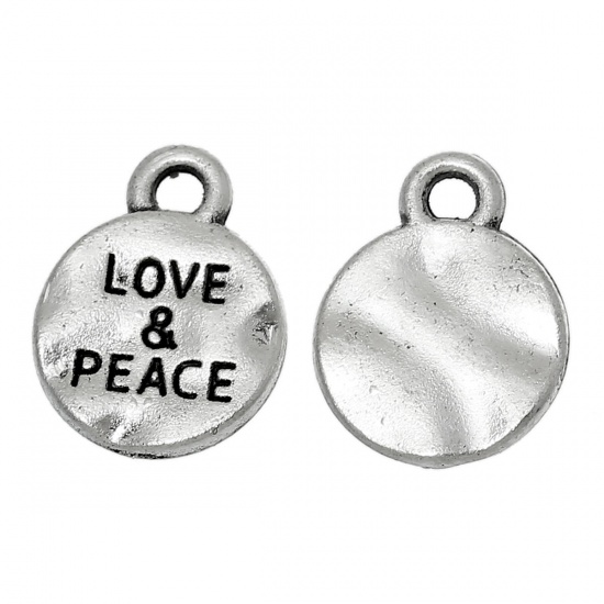 Immagine di Lega di Zinco Charm Ciondoli Tondo Argento Antico Lettere Scolpito " LOVE & PEACE " 13mm x 10mm , 50 Pz