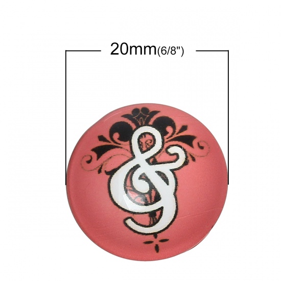 Picture of Glass Dome Seals Cabochons Round Flatback Watermelon Red Musical Note Pattern 20mm( 6/8") Dia, 30 PCs