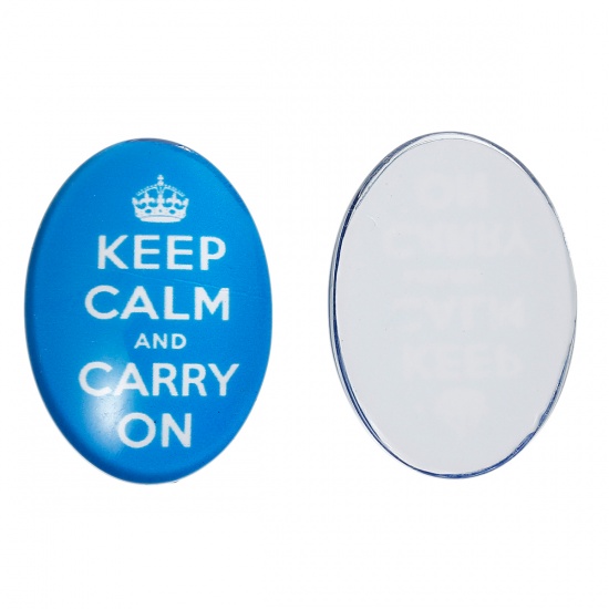 Immagine di Vetro Cupola Cabochon Cabochon per Abbellimento Ovale Flatback Blu Corona Disegno " KEEP CALM AND CARRY ON " Trasparente 25mm x 18mm, 30 Pz