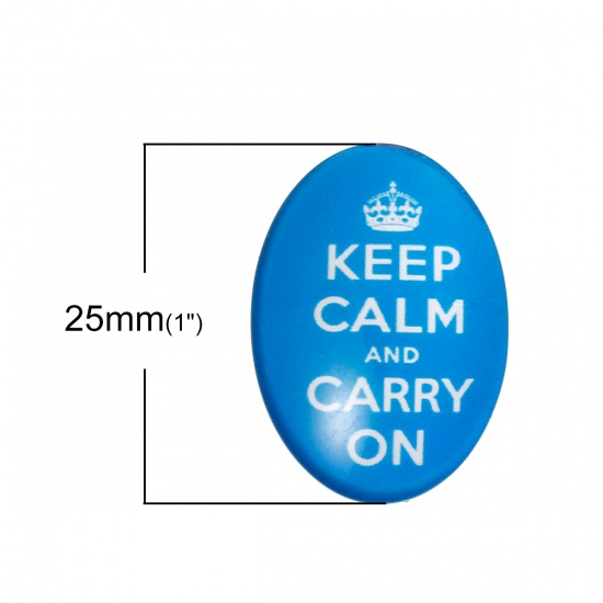 Immagine di Vetro Cupola Cabochon Cabochon per Abbellimento Ovale Flatback Blu Corona Disegno " KEEP CALM AND CARRY ON " Trasparente 25mm x 18mm, 30 Pz