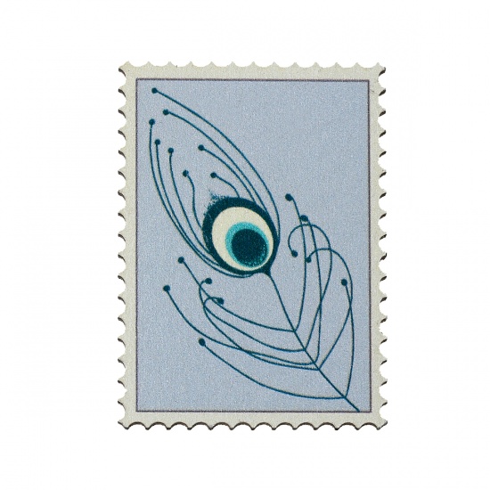 Picture of Wood Embellishments Scrapbooking Postage Stamp Lightblue Peacock Feather Pattern 39mm(1 4/8") x 29mm(1 1/8"), 30 PCs