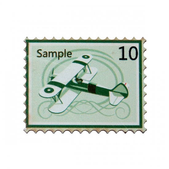 ウッド 木製 装飾パーツ 郵便切手 飛行機 緑 文字 " Sample 10 " 38mm x 30mm、 30 個 の画像