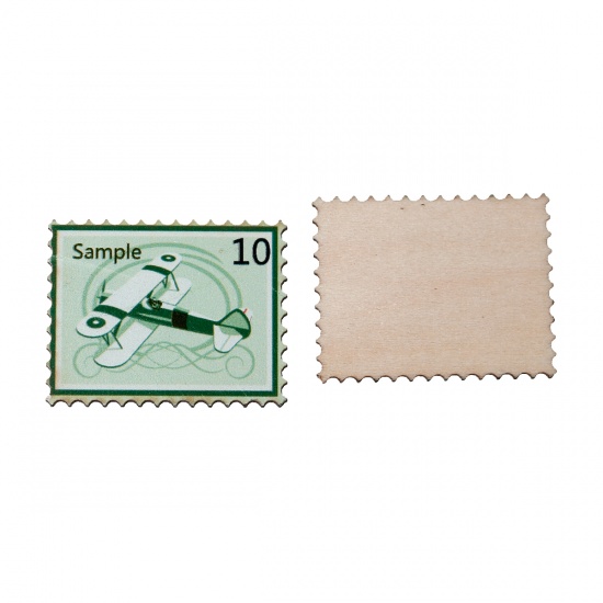 ウッド 木製 装飾パーツ 郵便切手 飛行機 緑 文字 " Sample 10 " 38mm x 30mm、 30 個 の画像