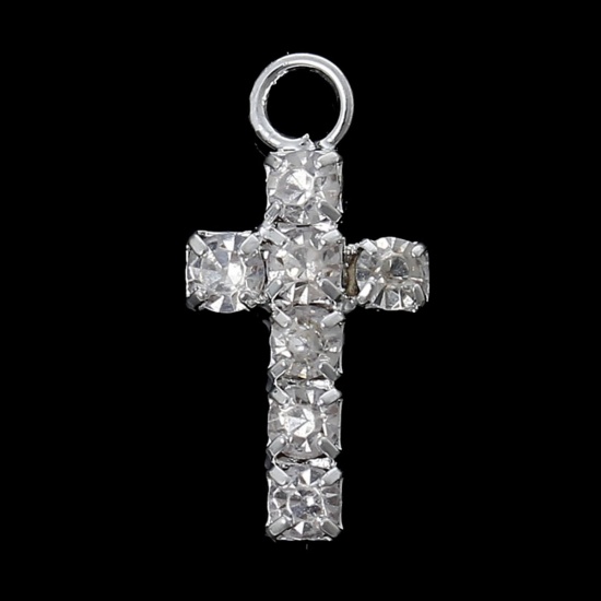 Picture of Brass Easter Charms Cross Silver Plated Clear Rhinestone 16mm( 5/8") x 7mm( 2/8"), 10 PCs                                                                                                                                                                     