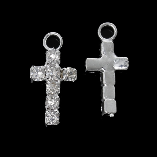 Picture of Brass Easter Charms Cross Silver Plated Clear Rhinestone 16mm( 5/8") x 7mm( 2/8"), 10 PCs                                                                                                                                                                     
