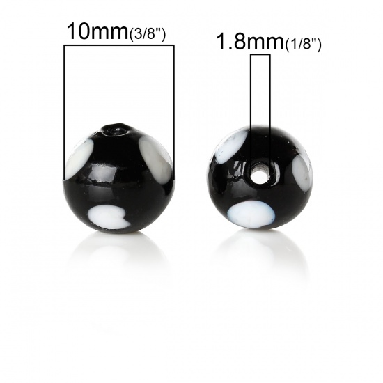 Picture of Lampwork Glass Beads Round Black & White Dot Pattern About 10mm Dia, Hole: Approx 1.8mm, 100 PCs