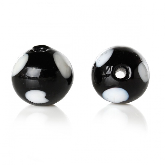 Picture of Lampwork Glass Beads Round Black & White Dot Pattern About 10mm Dia, Hole: Approx 1.8mm, 100 PCs