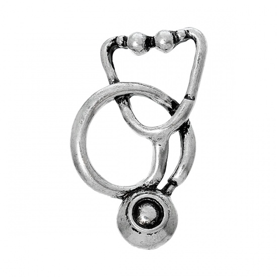 Picture of Zinc Metal Alloy Charm Pendants Stethoscope Antique Silver 29mm x 19mm(1 1/8" x 6/8"), 5 PCs