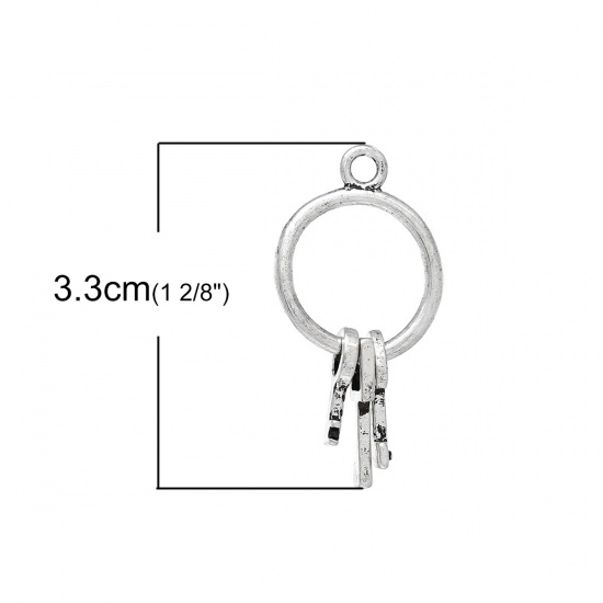 Picture of Zinc Metal Alloy Pendants Circle Ring Antique Silver Key Carved 33mm(1 2/8") x 17mm(5/8"), 5 PCs