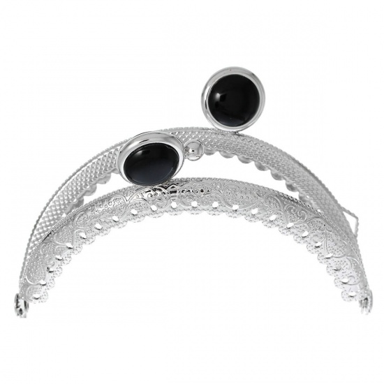 Picture of Iron Based Alloy Kiss Clasp Lock Purse Frame Arch Silver Tone Black Resin Ball 8.8x6.2cm(3 4/8" x2 4/8"), Open Size: 11.8x8.8cm(4 5/8"x3 4/8"), 2 PCs