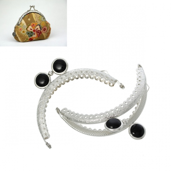 Picture of Iron Based Alloy Kiss Clasp Lock Purse Frame Arch Silver Tone Black Resin Ball 8.8x6.2cm(3 4/8" x2 4/8"), Open Size: 11.8x8.8cm(4 5/8"x3 4/8"), 2 PCs