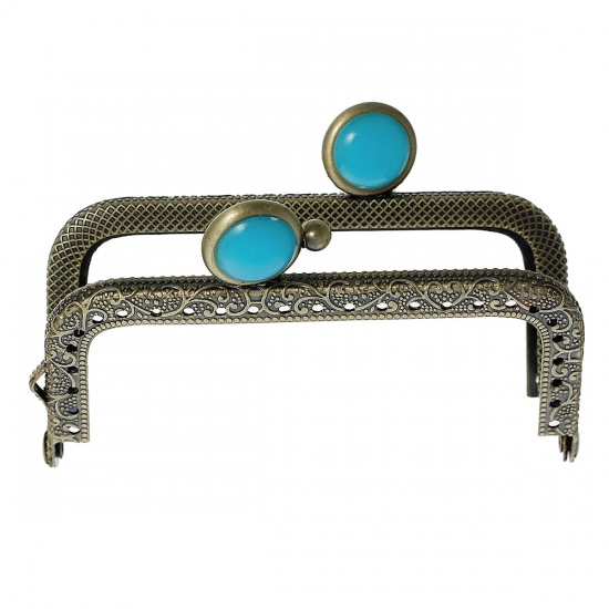 Picture of Iron Based Alloy Kiss Clasp Lock Purse Frame Rectangle Antique Bronze Lake Blue Resin Ball 9x6cm(3 4/8" x2 3/8"), Open Size: 11.4x9cm(4 4/8"x3 4/8"), 2 PCs
