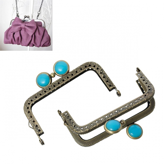 Picture of Iron Based Alloy Kiss Clasp Lock Purse Frame Rectangle Antique Bronze Lake Blue Resin Ball 9x6cm(3 4/8" x2 3/8"), Open Size: 11.4x9cm(4 4/8"x3 4/8"), 2 PCs