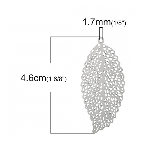 304ステンレス鋼 透かしパーツ チャーム 葉っぱ シルバートーン 厚さ:0.3mm 46mmx 21mm、 10 個 の画像