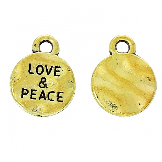 Immagine di Lega di Zinco Charm Ciondoli Tondo Oro Antico Lettere Scolpito " LOVE & PEACE " 13mm x 10mm , 50 Pz