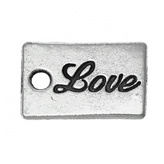 Immagine di Lega di Zinco Charm Ciondoli Rettangolo Argento Antico Lettere Scolpito " LOVE " 14mm x 9mm , 50 Pz