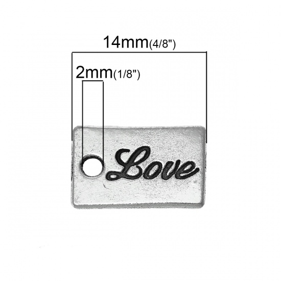 Immagine di Lega di Zinco Charm Ciondoli Rettangolo Argento Antico Lettere Scolpito " LOVE " 14mm x 9mm , 50 Pz