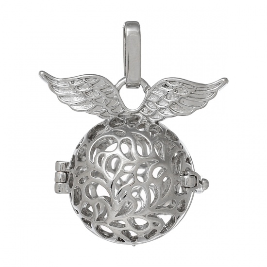 Picture of Copper Mexican Angel Caller Bola Harmony Ball Wish Box Pendants Round Silver Tone Wing Craved Hollow Can Open (Fit Bead Size: 16mm) 34mm(1 3/8") x 29mm(1 1/8"), 1 Piece