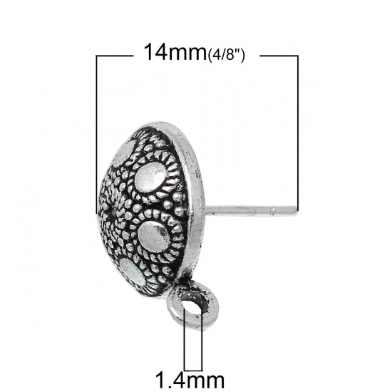 Picture of Zinc Based Alloy Ear Post Stud Earrings Findings Round Antique Silver Dot Pattern W/ Loop 16mm( 5/8") x 13mm( 4/8"), Post/ Wire Size: (21 gauge), 20 PCs