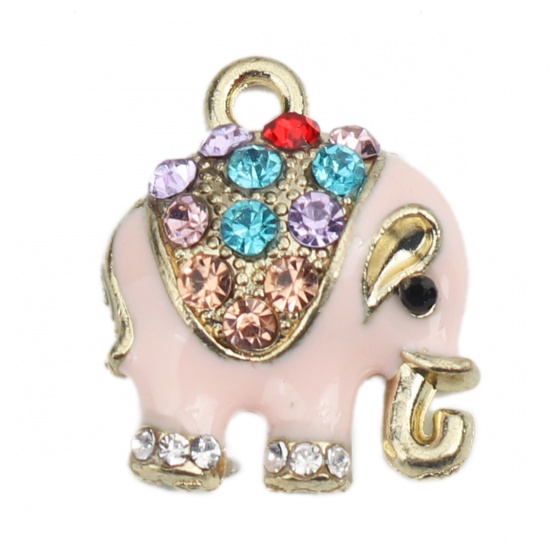 Imagen de Colgantes Aleación Animal Elefante , Chapado en Oro Rosado Multicolor Rhinestone Esmalte 18mmx 15mm, 5 Unidades