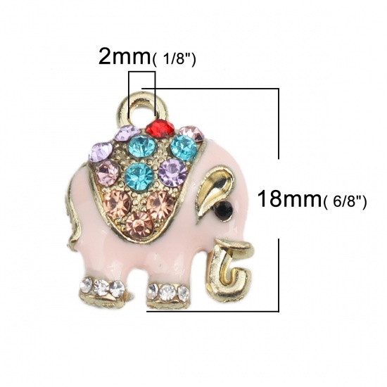 Picture of Zinc Metal Alloy Charm Pendants Elephant Animal Gold Plated Multicolor Rhinestone Light Pink Enamel 18mm( 6/8") x 15mm( 5/8"), 5 PCs