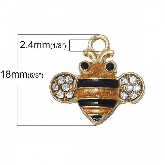 Picture of Zinc Metal Alloy Charm Pendants Bees Animal Gold Plated Clear Rhinestone Orange & Black Enamel 18mm( 6/8") x 17mm( 5/8"), 10 PCs