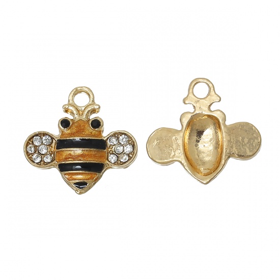 Picture of Zinc Metal Alloy Charm Pendants Bees Animal Gold Plated Clear Rhinestone Orange & Black Enamel 18mm( 6/8") x 17mm( 5/8"), 10 PCs