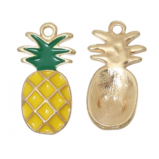 Picture of Zinc Based Alloy Charms Pineapple /Ananas Fruit Gold Plated Yellow & Green Enamel 23mm( 7/8") x 12mm( 4/8"), 10 PCs