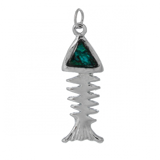Picture of Natural Abalone Shell Pendants Jump Ring Silver Tone Fish Bone Malachite Green 43mm(1 6/8") x 14mm( 4/8"), 1 Piece