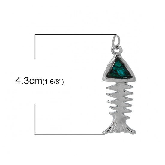 Picture of Natural Abalone Shell Pendants Jump Ring Silver Tone Fish Bone Malachite Green 43mm(1 6/8") x 14mm( 4/8"), 1 Piece