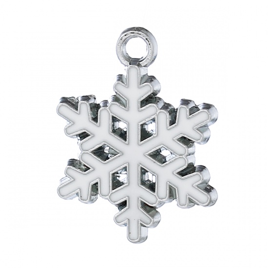 Picture of Zinc Based Alloy Charms Christmas Snowflake Silver Tone White Enamel 24mm x19mm(1" x 6/8"), 10 PCs