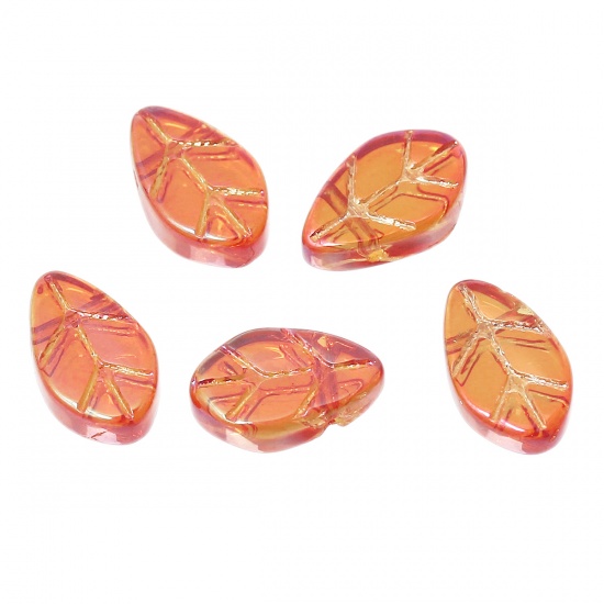 ガラスビーズ 葉 橙赤色 透明 約 11mm x6mm - 11mm x7mm、穴：約 0.8mm、50 個 の画像