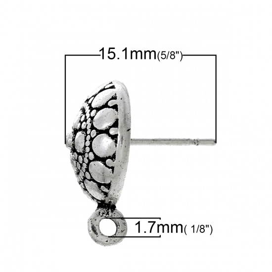 Picture of Zinc Based Alloy Ear Post Stud Earrings Findings Round Antique Silver Color Spot Pattern W/ Loop 16mm x 12mm, Post/ Wire Size: (21 gauge), 20 PCs
