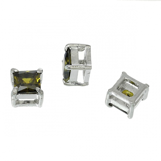 Picture of Copper Slide Beads Square Silver Tone Pave Grass Green Cubic Zirconia About 10mm( 3/8") x 10mm( 3/8"), 5 PCs