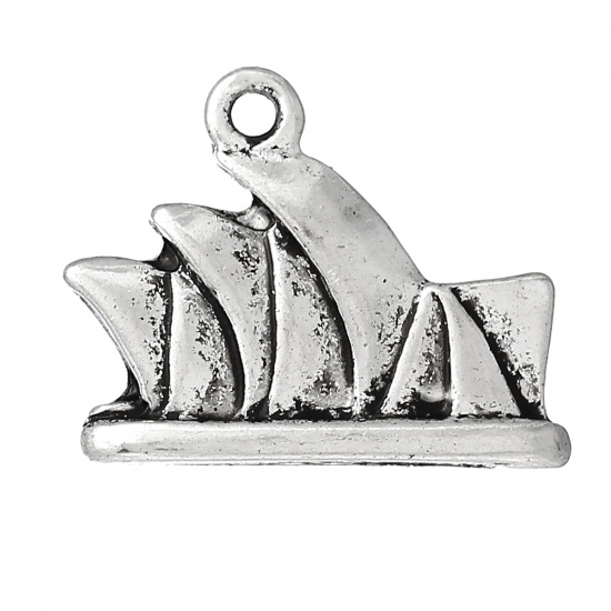 Picture of Zinc Metal Alloy Charm Pendants Sydney Opera House Antique Silver Color 19mm( 6/8") x 15mm( 5/8"), 20 PCs