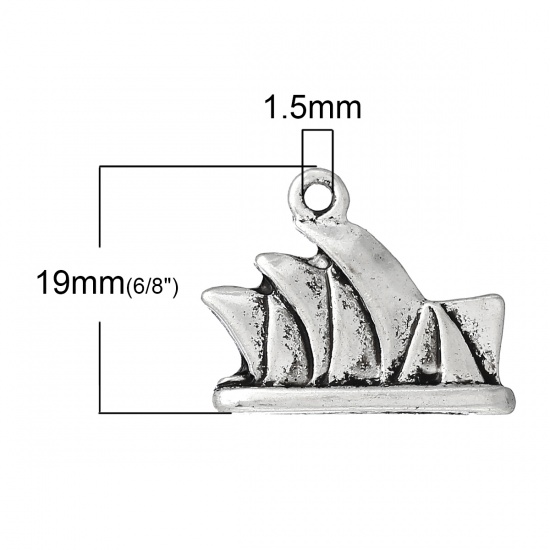 Picture of Zinc Metal Alloy Charm Pendants Sydney Opera House Antique Silver Color 19mm( 6/8") x 15mm( 5/8"), 20 PCs