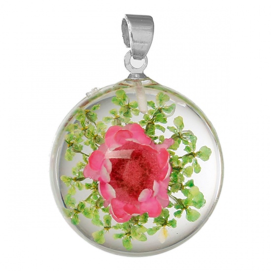 Picture of Resin Charm Pendants Round Transparent Fuchsia Real Flower 27.0mm(1 1/8") x 19.0mm( 6/8"), 2 PCs