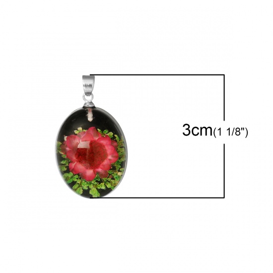 Picture of Resin Charm Pendants Oval Transparent Multicolor Real Flower 30.0mm(1 1/8") x 17.0mm( 5/8"), 2 PCs