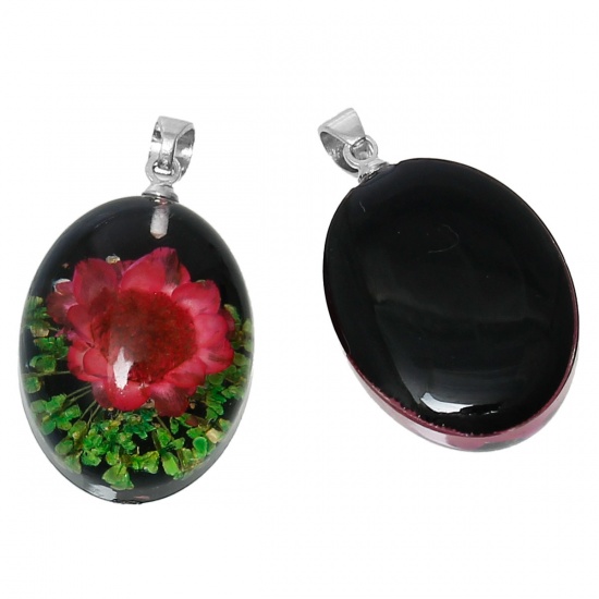 Picture of Resin Charm Pendants Oval Transparent Multicolor Real Flower 30.0mm(1 1/8") x 17.0mm( 5/8"), 2 PCs