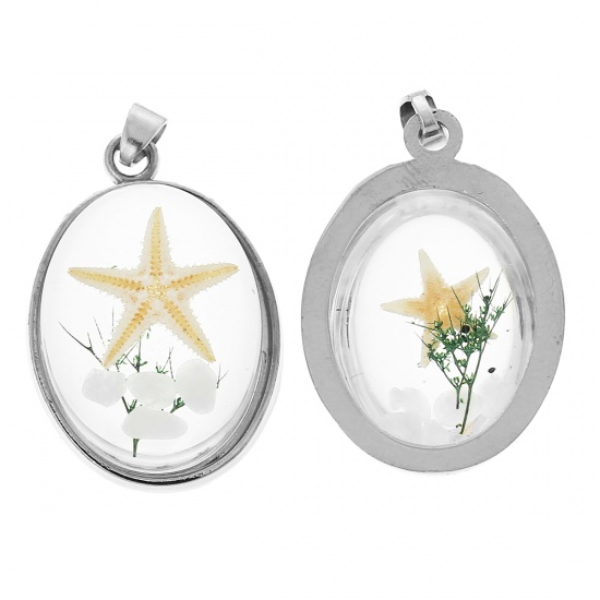 Picture of Ocean Jewelry Resin Pendants Oval Transparent Real Star Fish 32mm(1 2/8") x 20mm( 6/8"), 2 PCs