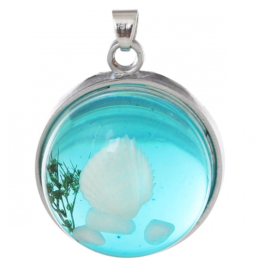 Picture of 2 PCs Resin Charm Pendant Round Shell Green Blue Transparent 29mm x 22mm