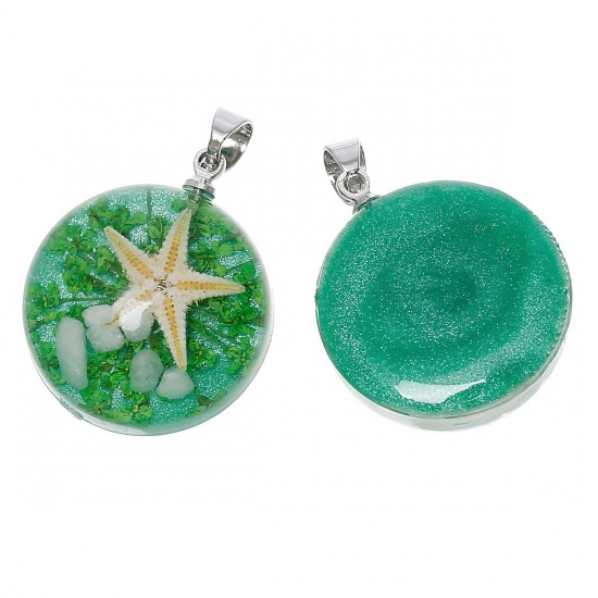 Picture of 2 PCs Handmade Resin Jewelry Real Flower Charm Pendant Round Star Fish Green Glitter 27mm x 20mm