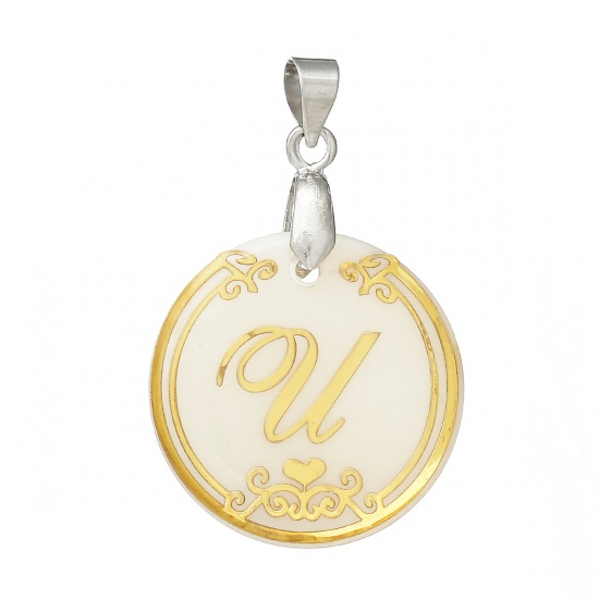 Picture of Resin & Shell Pendants Round Natural Color Initial Alphabet/ Letter "U" 33mm(1 2/8") x 22mm( 7/8"), 3 PCs