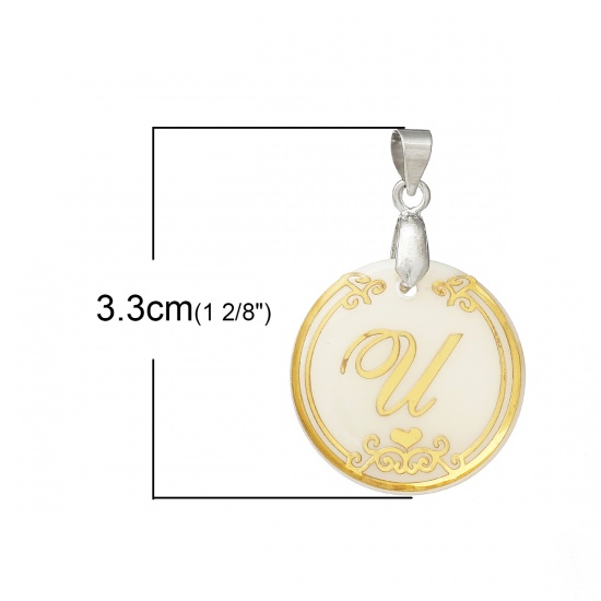 Picture of Resin & Shell Pendants Round Natural Color Initial Alphabet/ Letter "U" 33mm(1 2/8") x 22mm( 7/8"), 3 PCs