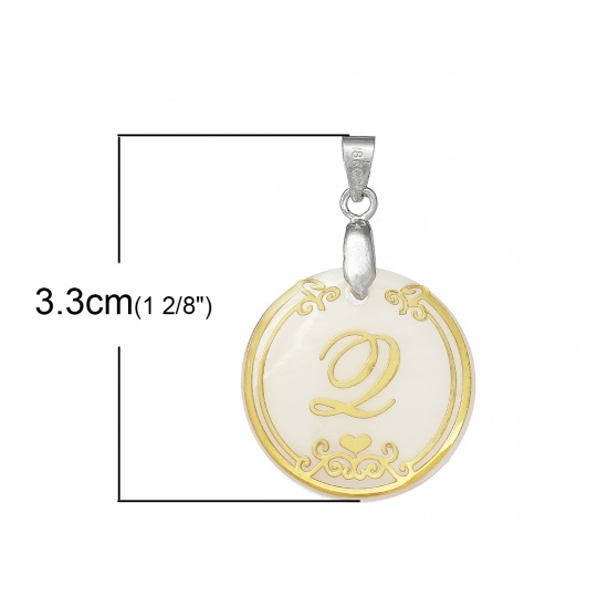 Picture of Resin & Shell Pendants Round Natural Color Initial Alphabet/ Letter "Q" 33mm(1 2/8") x 22mm( 7/8"), 3 PCs