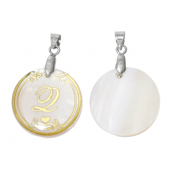 Picture of Resin & Shell Pendants Round Natural Color Initial Alphabet/ Letter "Q" 33mm(1 2/8") x 22mm( 7/8"), 3 PCs