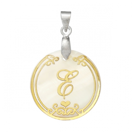 Picture of Resin & Shell Pendants Round Natural Color Initial Alphabet/ Letter "E" 33mm(1 2/8") x 22mm( 7/8"), 3 PCs