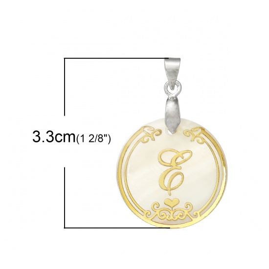 Picture of Resin & Shell Pendants Round Natural Color Initial Alphabet/ Letter "E" 33mm(1 2/8") x 22mm( 7/8"), 3 PCs