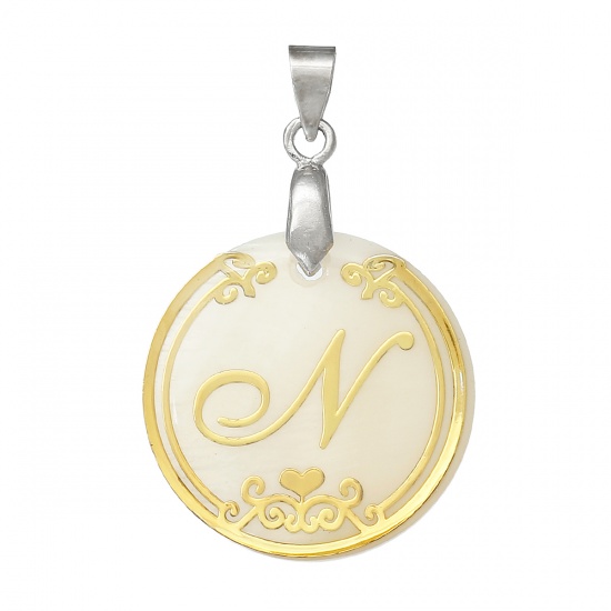 Picture of Resin & Shell Pendants Round Natural Color Initial Alphabet/ Letter "N" 33mm(1 2/8") x 22mm( 7/8"), 3 PCs