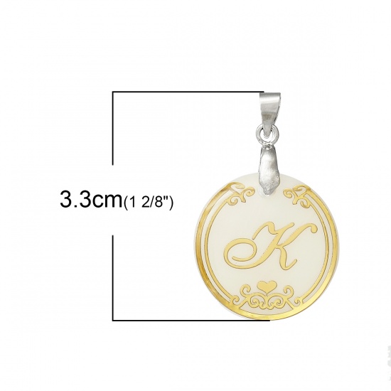 Picture of Resin & Shell Pendants Round Natural Color Initial Alphabet/ Letter "K" 33mm(1 2/8") x 22mm( 7/8"), 3 PCs